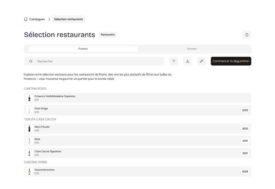 Capture d’écran du catalogue Dolia. On voit une liste de produits avec images et la possibilité de commencer une visite pour créer une commande.