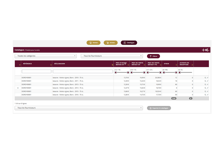 Capture d’écran du catalogue ViniVRP. Une table avec liste de produits et détails des prix.
