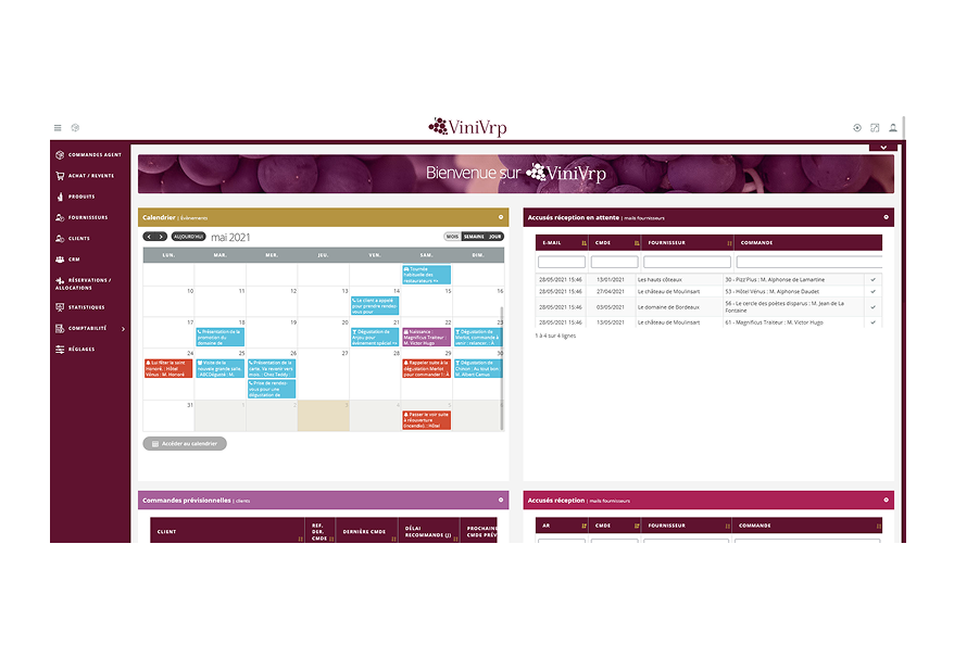 Tableau de bord ViniVRP. On voit un calendrier des visites et les commandes en attente.